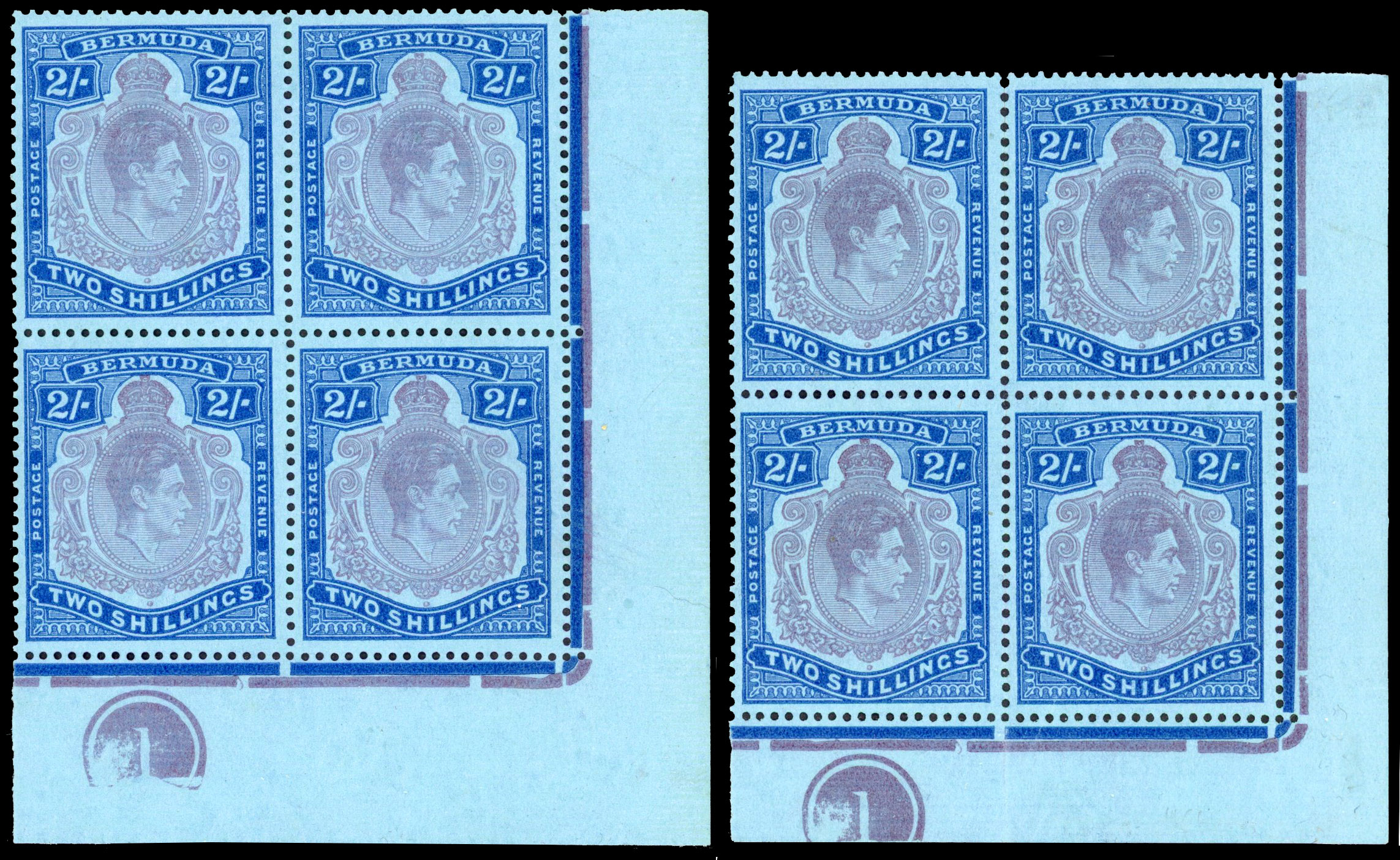 Bermuda SG 116c, ce, e Plate blocks