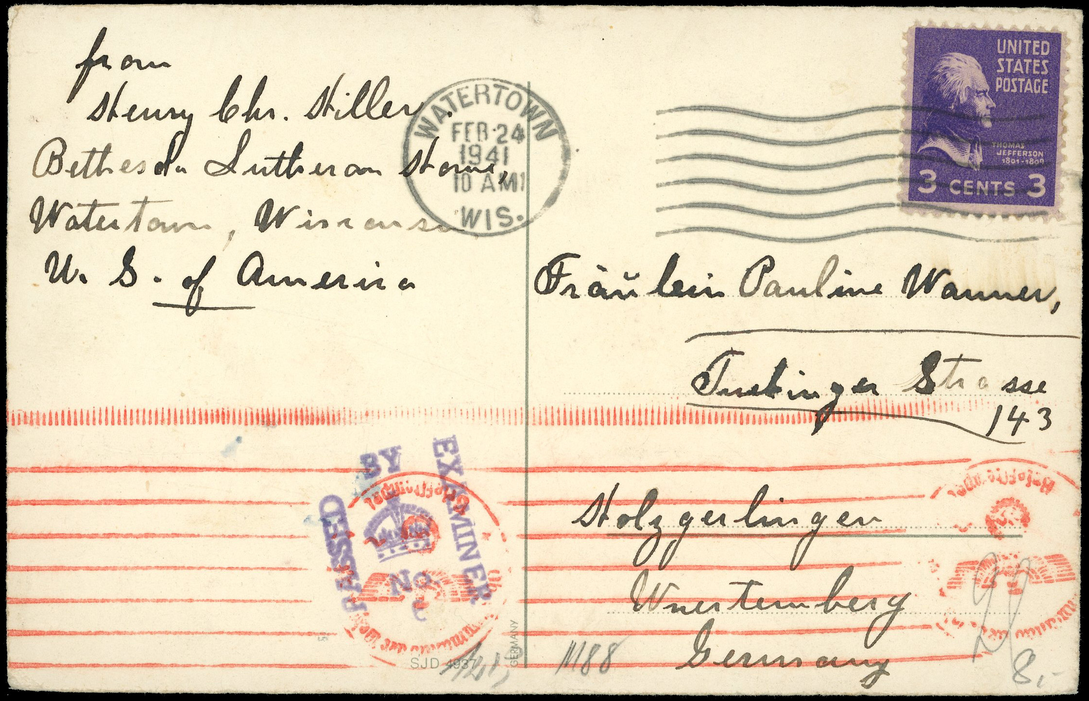 POSTAL HISTORY: 1941 US Postcard censored in Bermuda with Gibraltar type “Passed by Examiner No. 6” handstamp, 