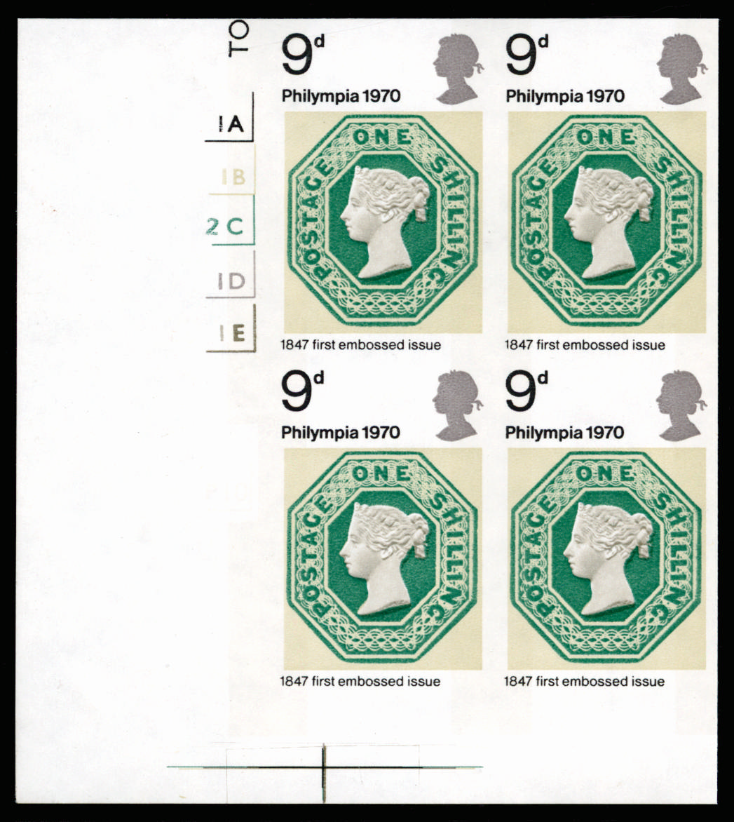 GB 1970 9d "Philympia 70" Stamp Exhibition. Superb unmounted o.g left hand corner marginal "1A,1B,2C,1D… SG836var