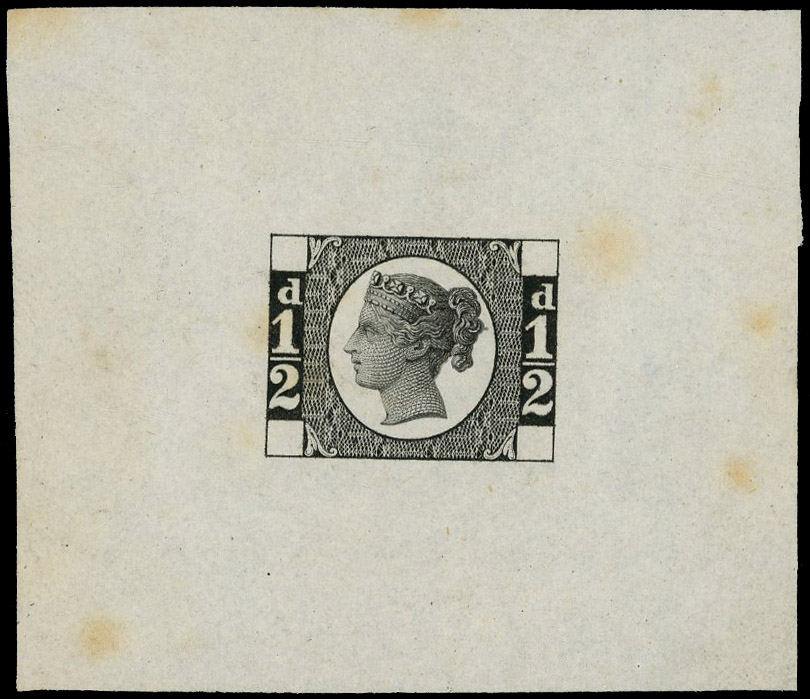 1871 ½d Ormond Hill Die Proof. Very fine example in black on thin white wove paper (50x44mm). Some light tones, importan…