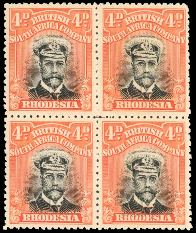 Rhodesia 4d SG 225b block with full printer's mark mint