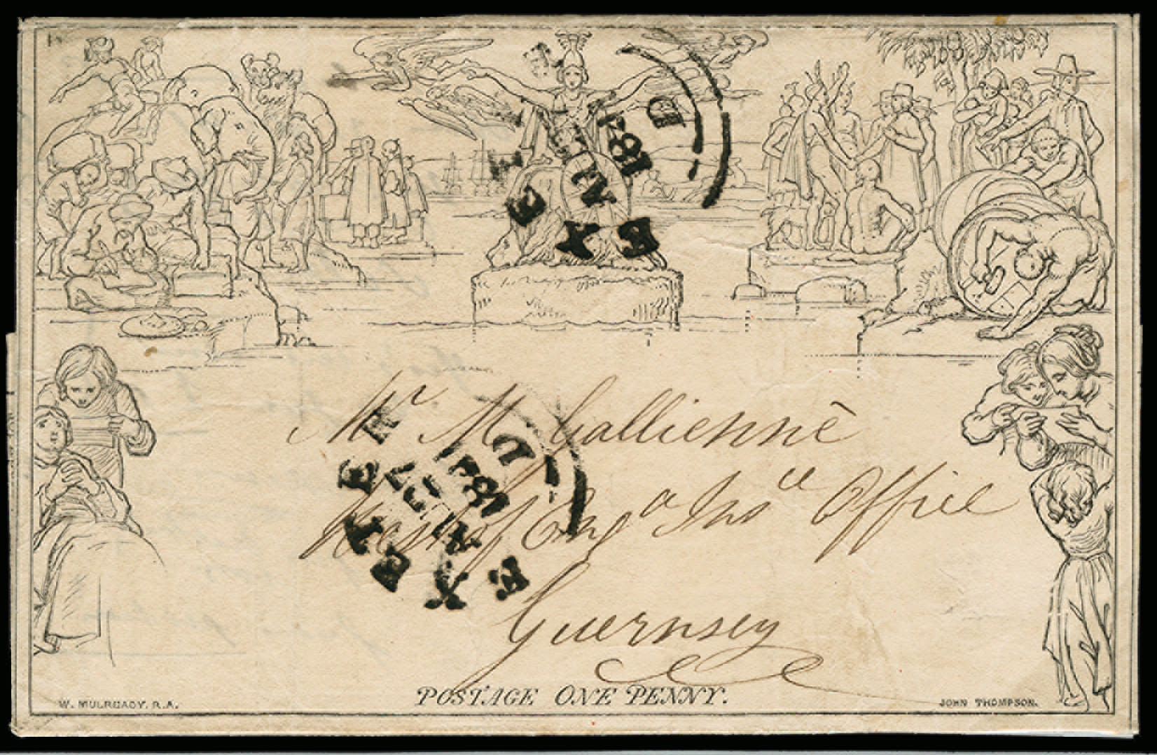 SGME1var 1840 1d Mulready cancelled by Exeter Town Datestamp