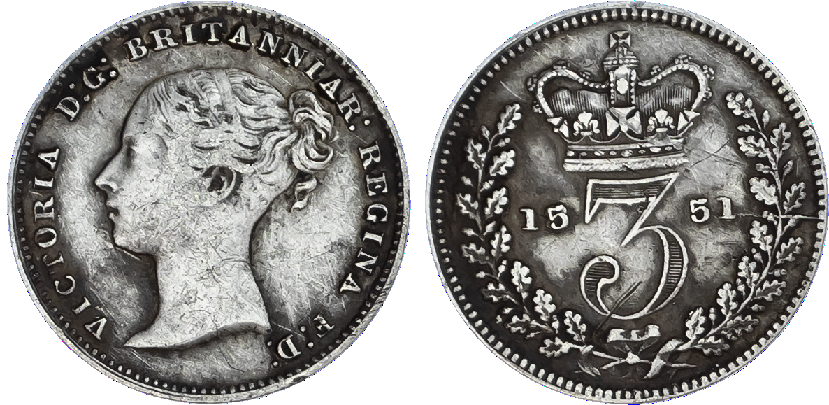 Victoria (1837-1901), Error, Silver Three Pence, 1851 (reads 1551) - R6