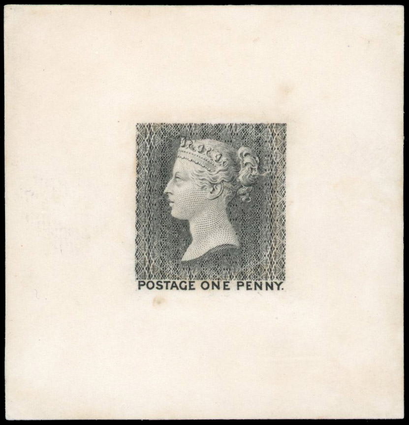 GB SG DP7 1840 1d First (later rejected) Die Proof, fourth stage, completed design with “POSTAGE ONE PENNY”