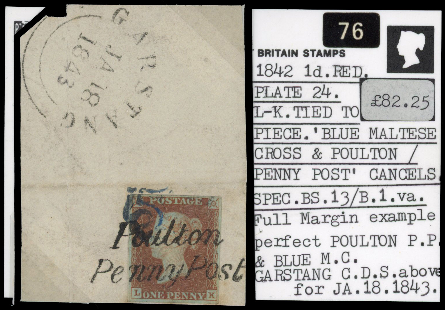 1842 1d red, plate 24 (LK), tied to small piece by blue Maltese Cross and neat ‘Poulton/Penny Post’ two-line hs