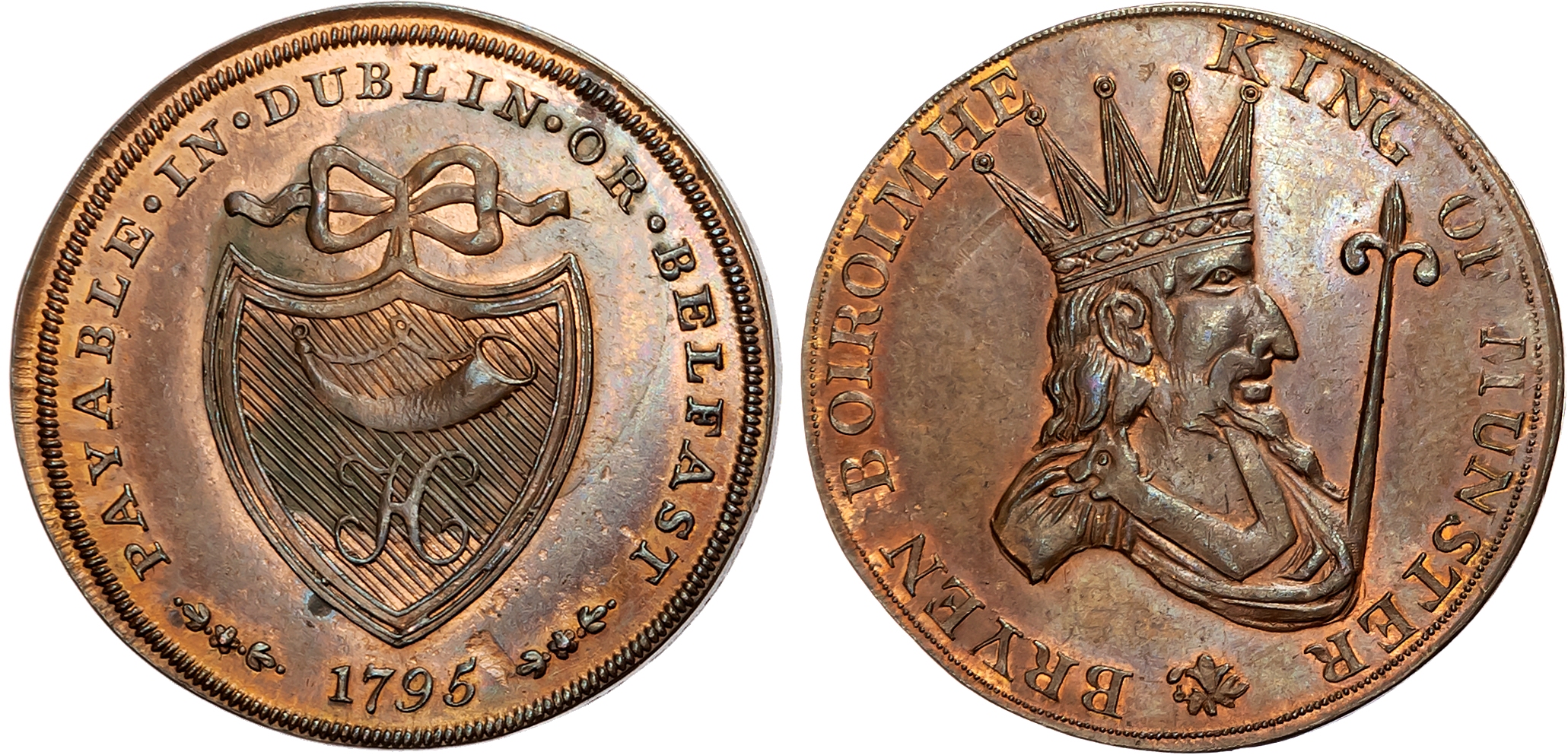 Munster. ( Co. Clare, Cork, Kerry ), Prattent’s mule Halfpenny 1795, Bust of Bryen Boiromhe, rev. Shield with hunting ho …