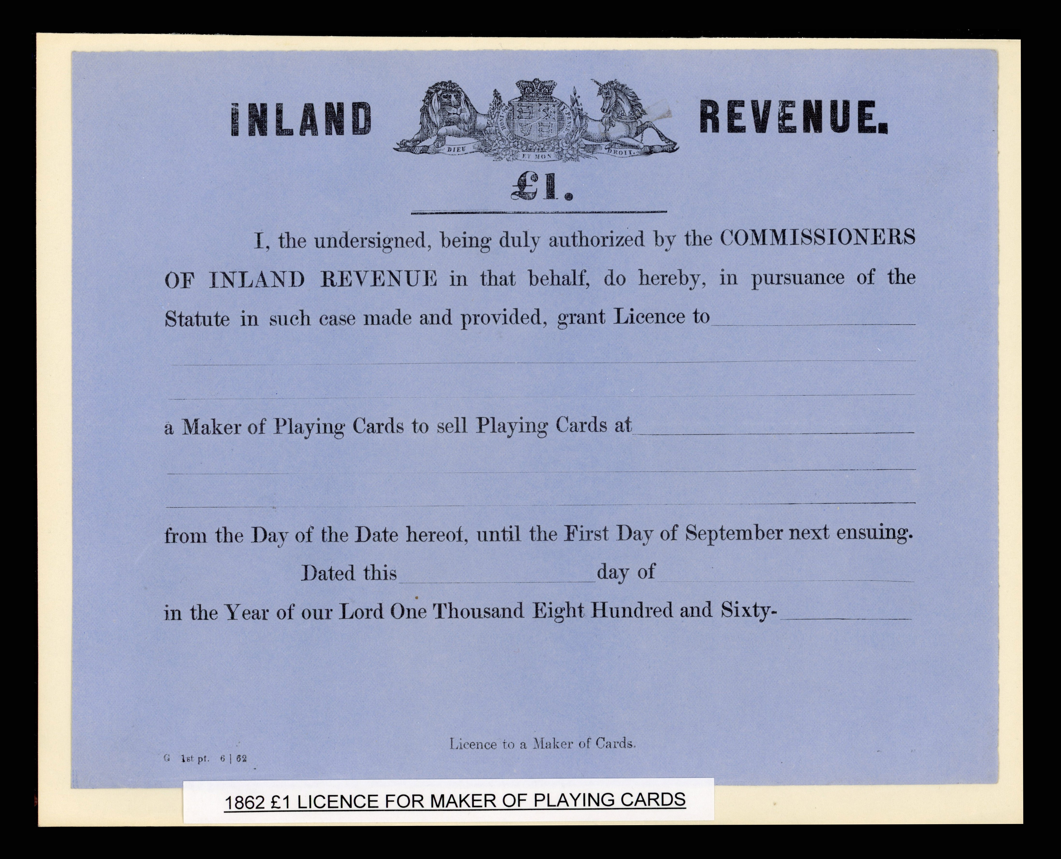 GB Playing Card Licences.  1862 licences for sellers of playing cards