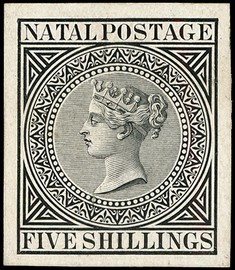 1874 5/- cut-down Die Proof in black on glazed card, the card a little thinned at top where removed from the record book....