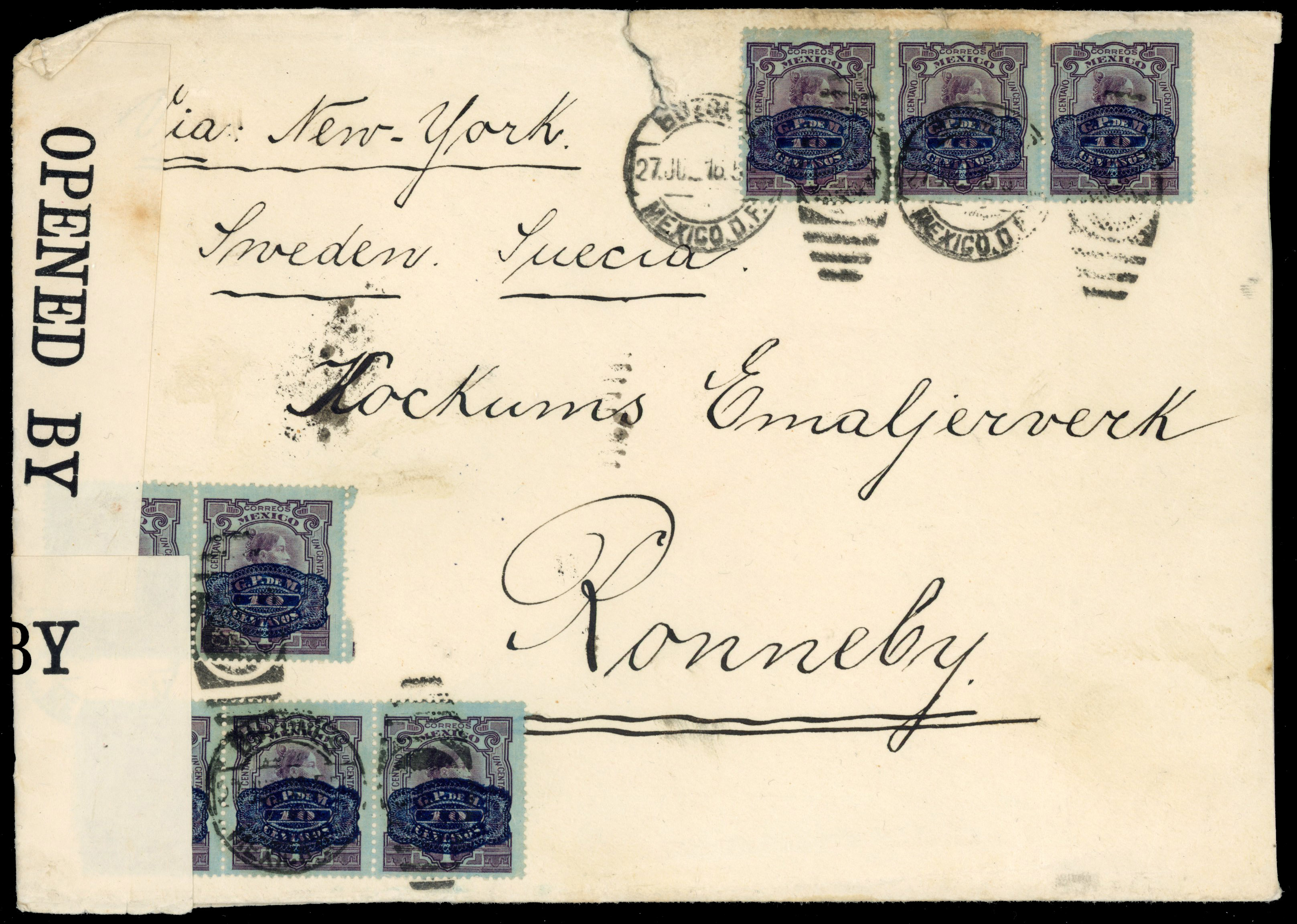 Mexico 1916 (27 Jul) censored envelope to Sweden