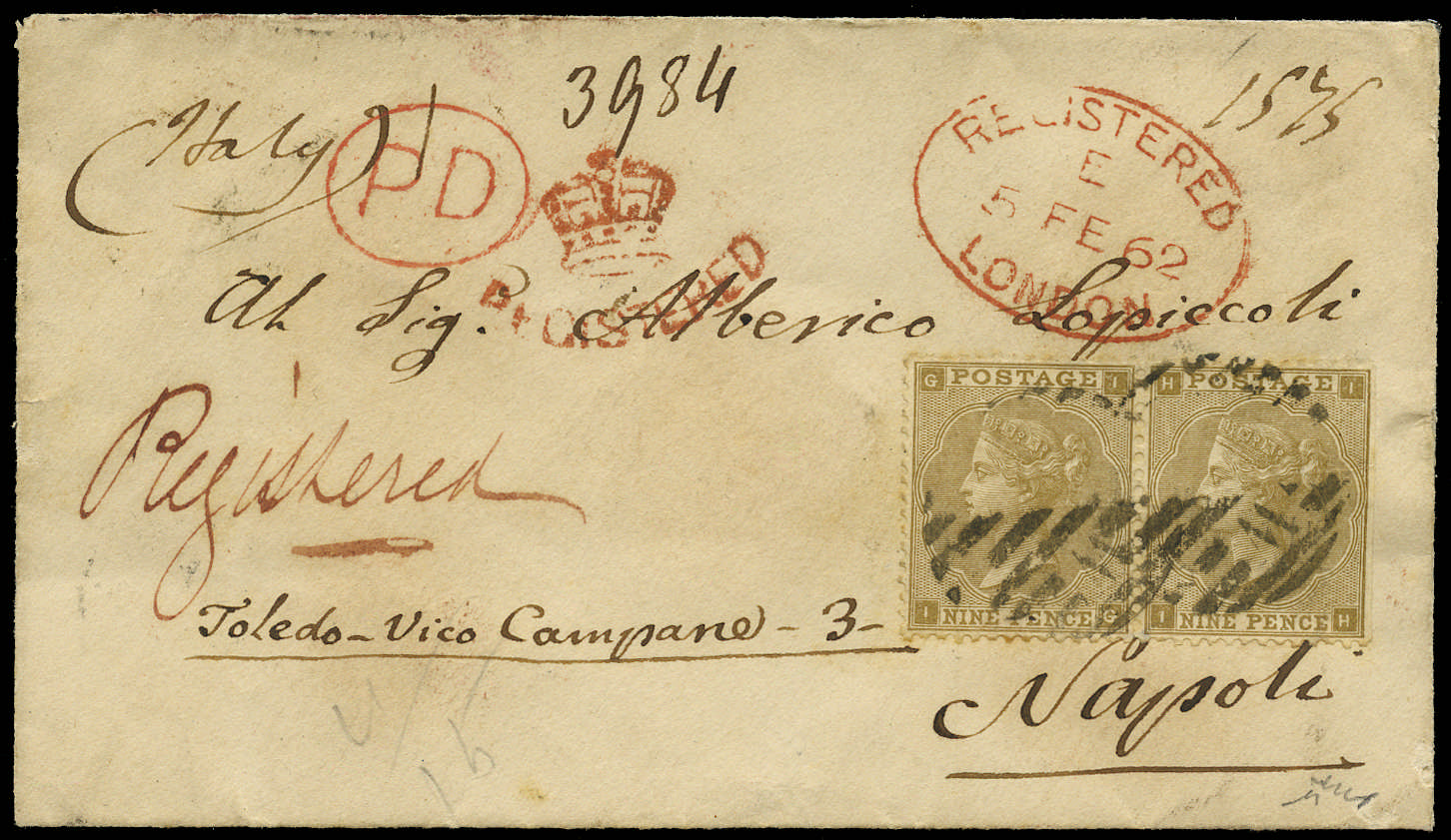 SG86 1862 Registered cover to Naples