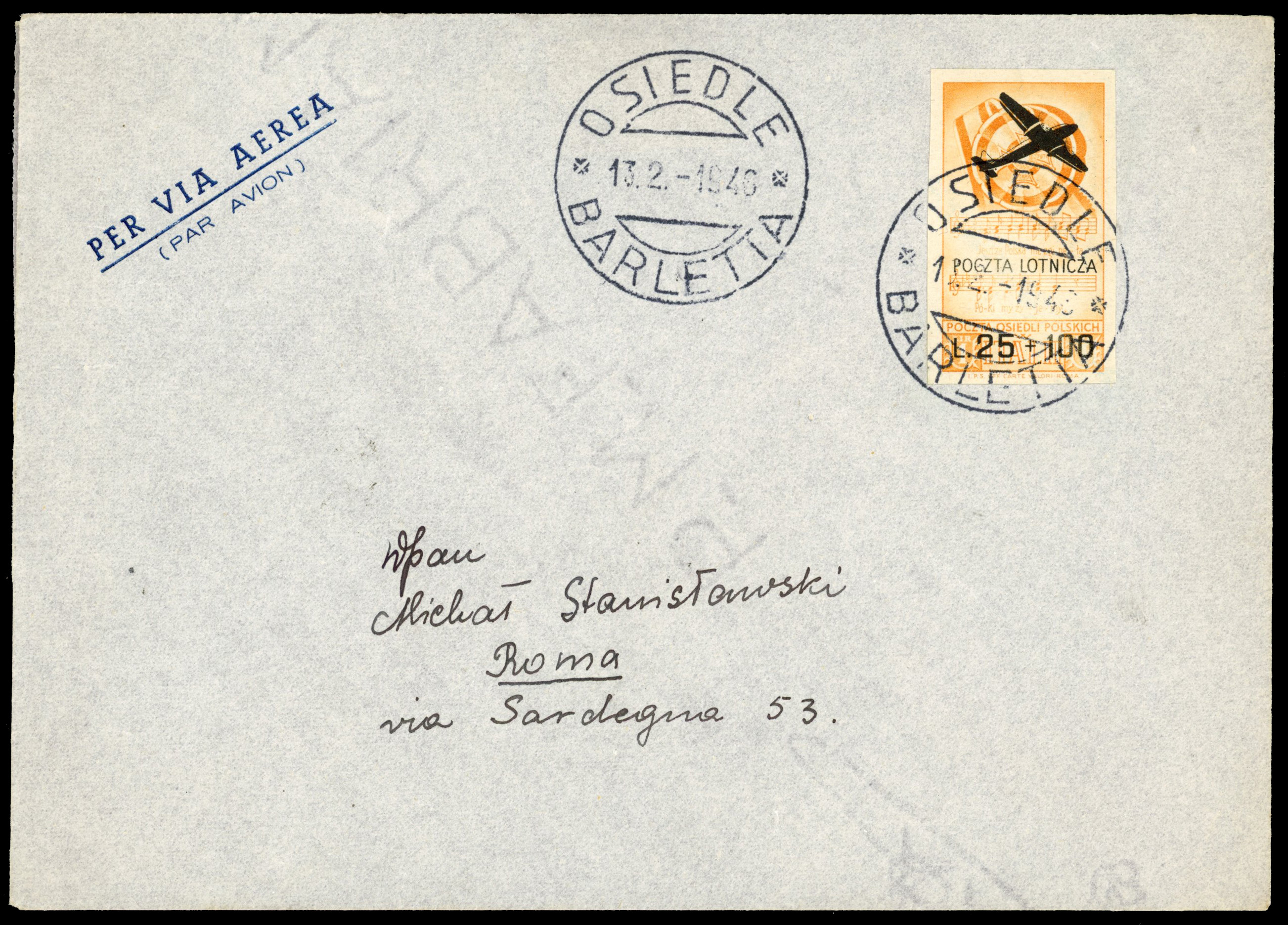 Poland Forces in Italy 1946 imperf 25L + 100L airmail cover