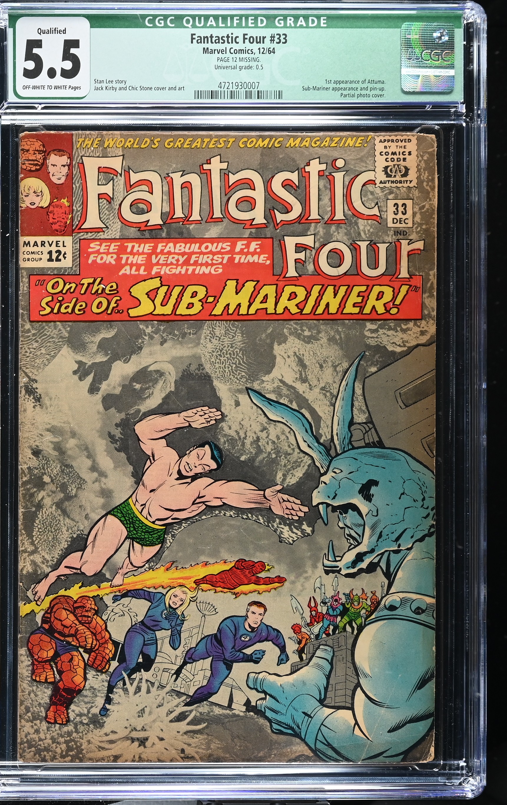 Fantastic Four #33 CGC 5.5 Qualified 1st Appearance of Attuma (Marvel Comics, 1964) Off-White to White Pages