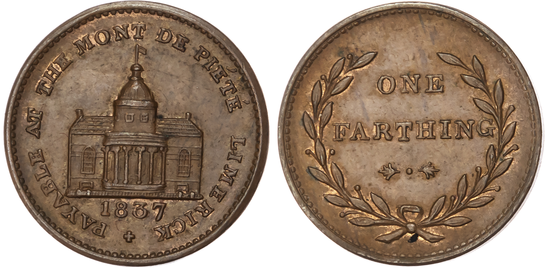 Limerick, Mont de Piete, (philanthropic institution) farthing (1830s), Building/ denom. in wreath, 21.5mm. (W…