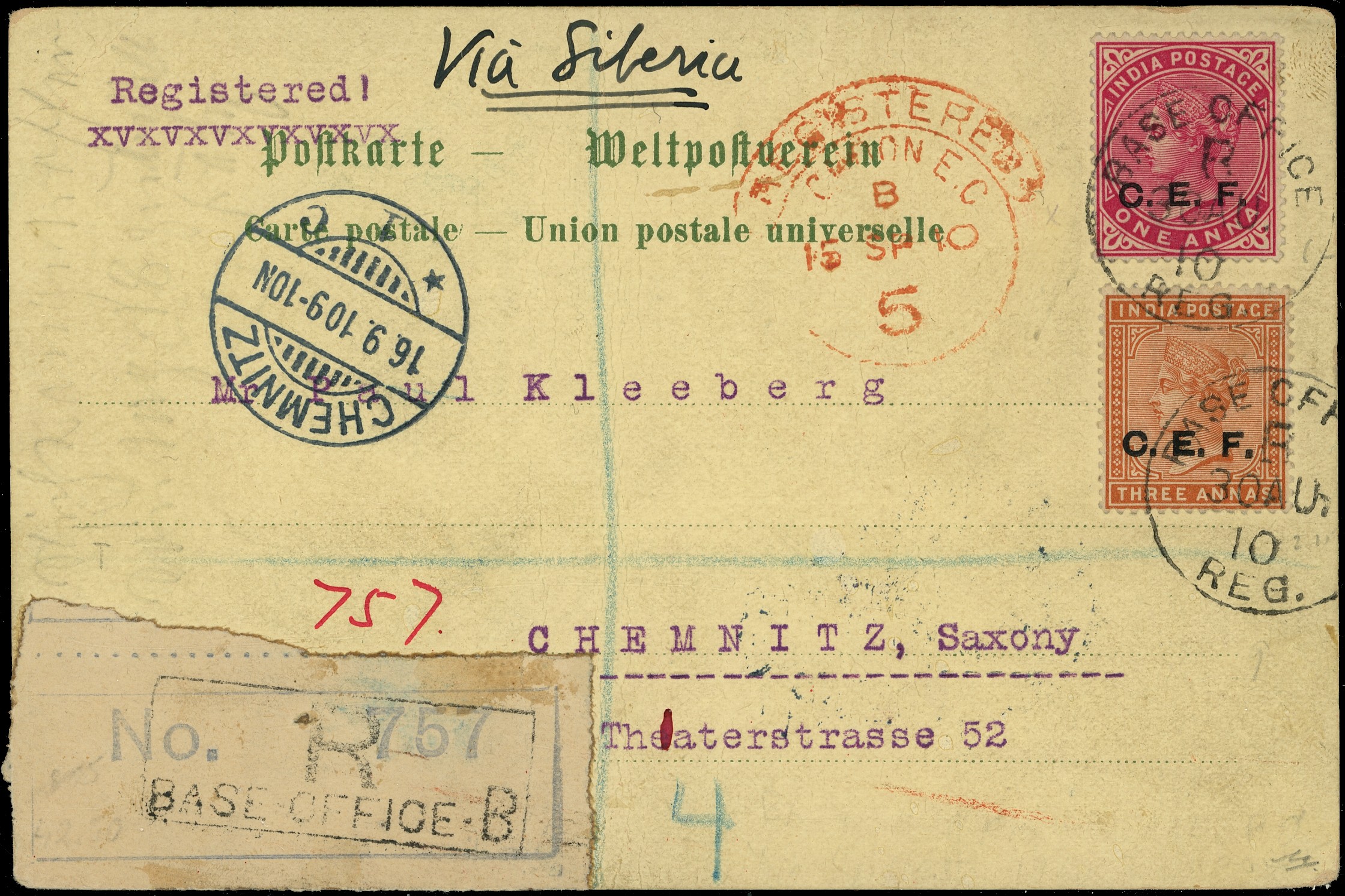India C.E.F Registered postcard to Germany
