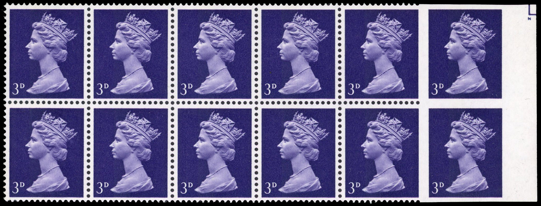 GB: 1967 3d violet (1 centre band) righthand marginal block of 12 (6x2) the right hand vertical pair completely imperforate.