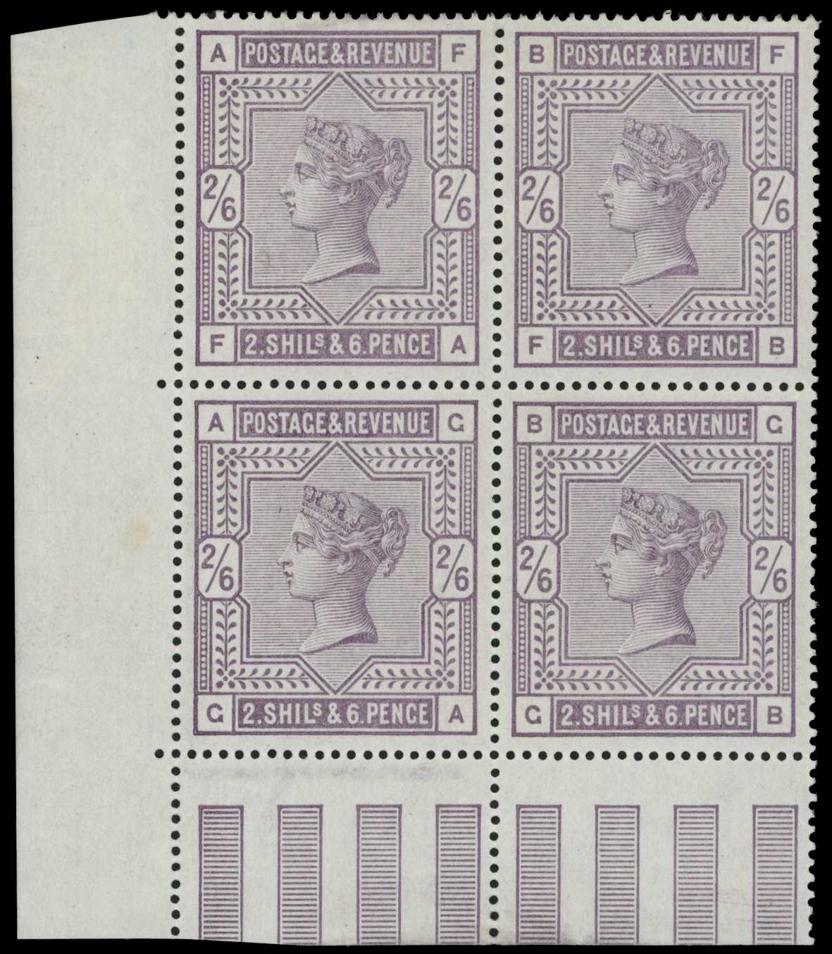 1883 2/6d lilac (FA-GB) lower marginal block...