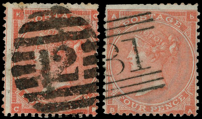 1862 4d Red Pl.3. Two fine used examples lettered CK (defective ‘K’ at lower right) and  BA (lower case ‘b’ at upper rig…