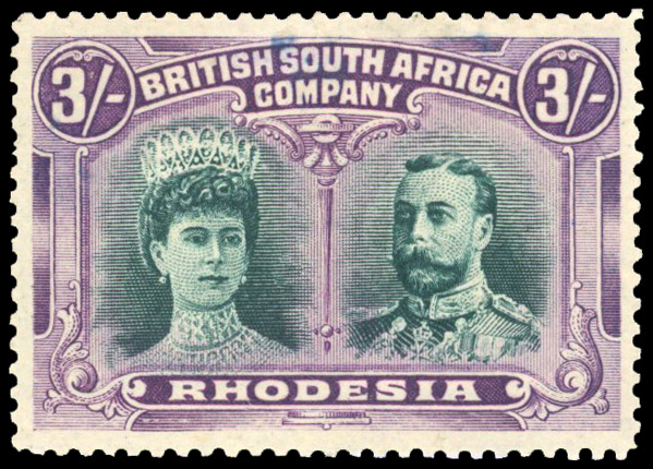 Rhodesia 1910-13 3s deep bluish green and purple perf 14