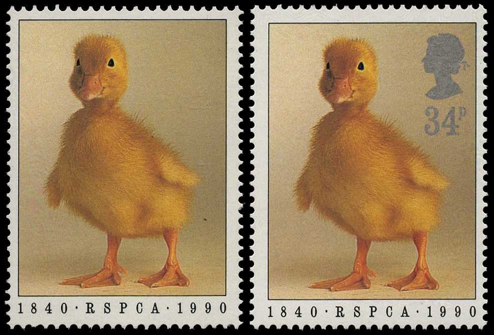 1990 RSPCA 34p duckling, variety 'SILVER...