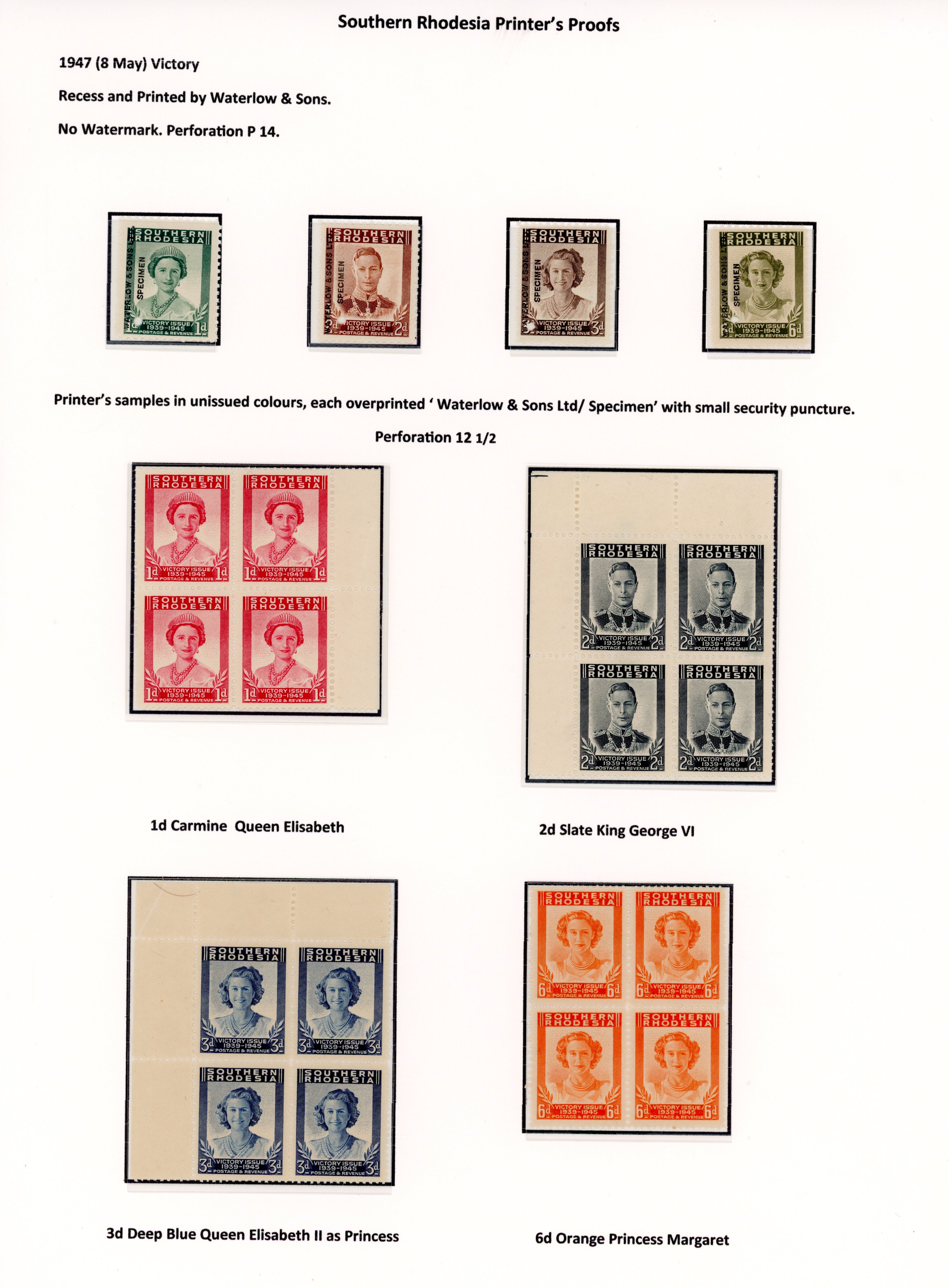 Southern Rhodesia SG 64-7 1947 Victory Plate Proofs collection