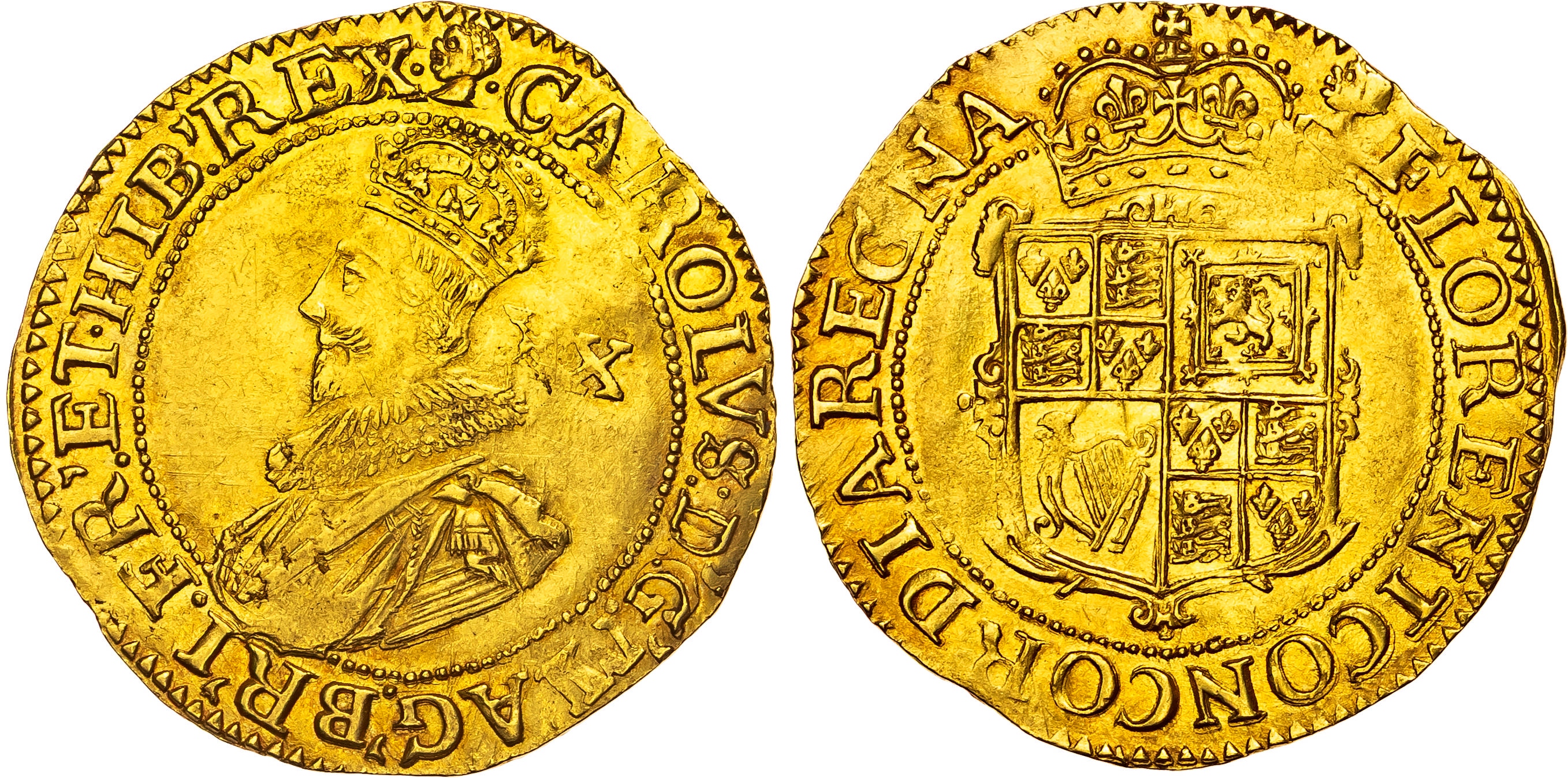 Charles I (1625-1649), AV Unite, Group B, Tower (London) mint, under King, mm. head (1626-7).