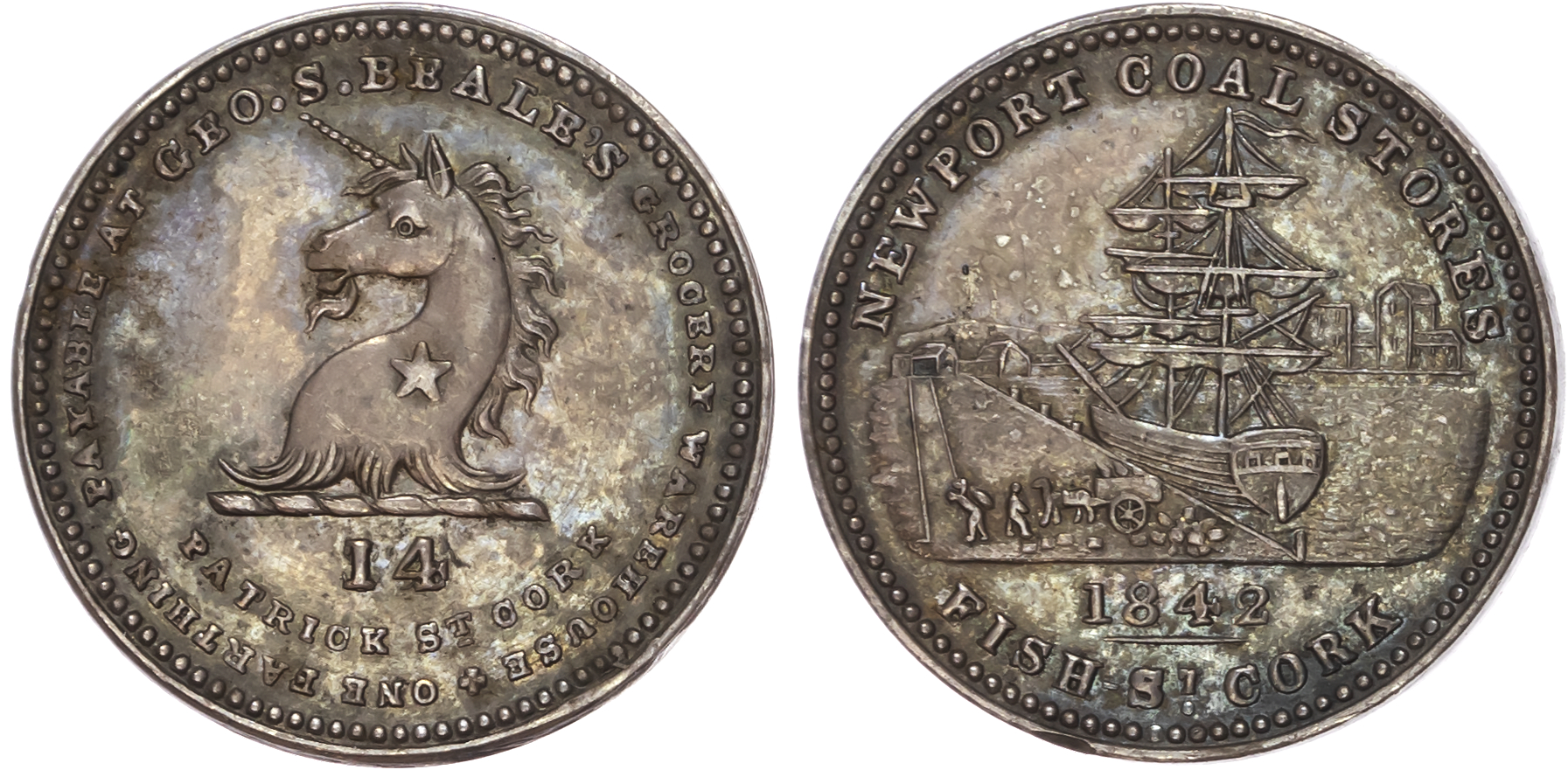 Cork. George Beale (grocer) SILVER PROOF farthing 1842, Unicorn crest over 14/ship at quay side. 21mm (W 5690)…