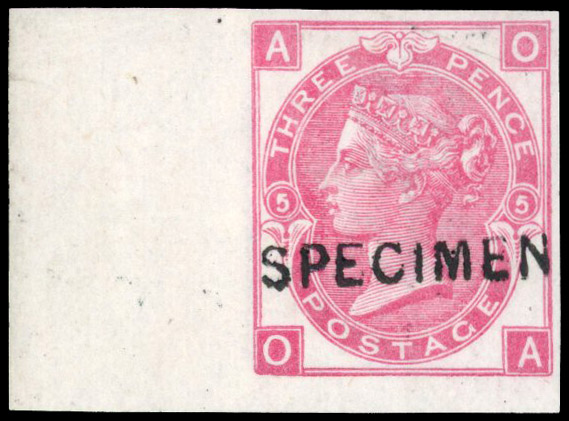 1867 3d Rose Pl.5 (OA) imperf right hand marginal optd ''SPECIMEN'' type 6, large part o.g. fine and scarce SG 103var ...