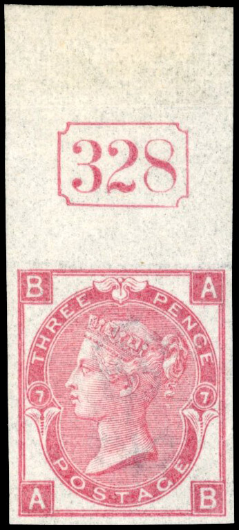 Great Britain 1867-80 3d Rose Pl.7 imperforate imprimatur, SG 103var