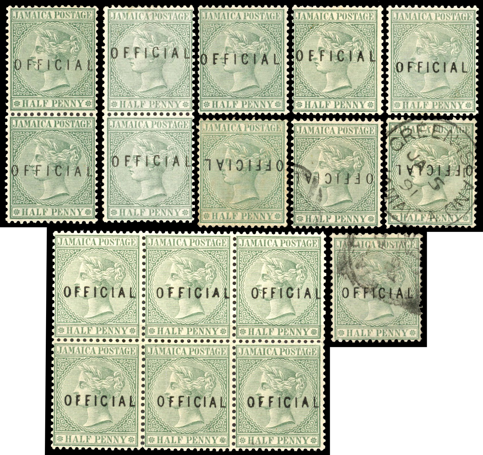 Jamaica 1890-91 ‘OFFICIAL’ mint and used ½d green selection arranged on a Hagner sheet