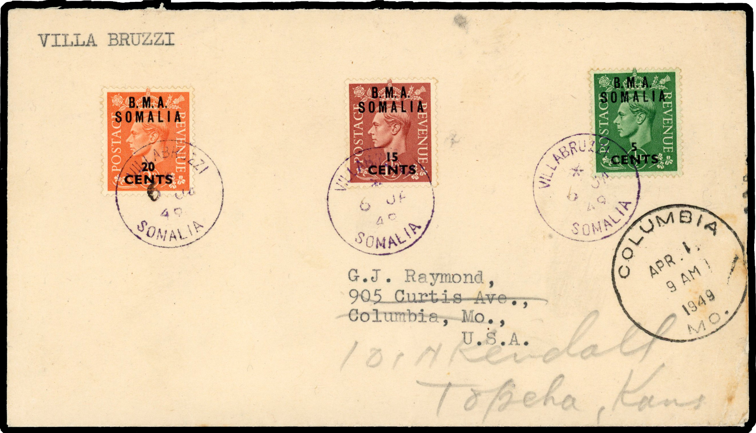 BOFIC SOMALIA: 1949 cover to USA franked 5c,15c and 20c tied by very scarce ‘VILLABRUZZI/SOMALIA/6 JA 49’ cds in violet