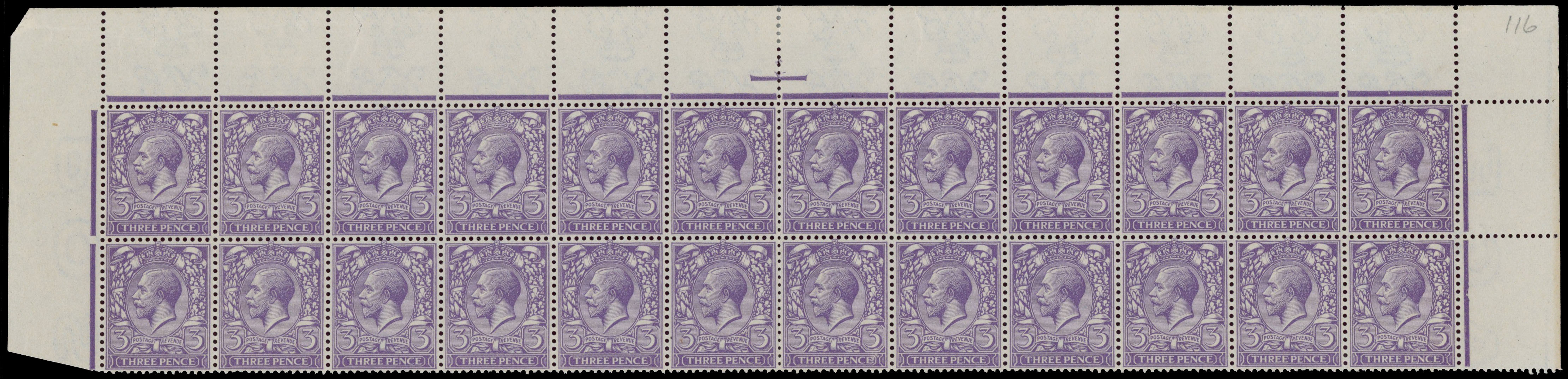 GB 1912-24 3d violet block of twenty-four, watermark inverted and reversed mint
