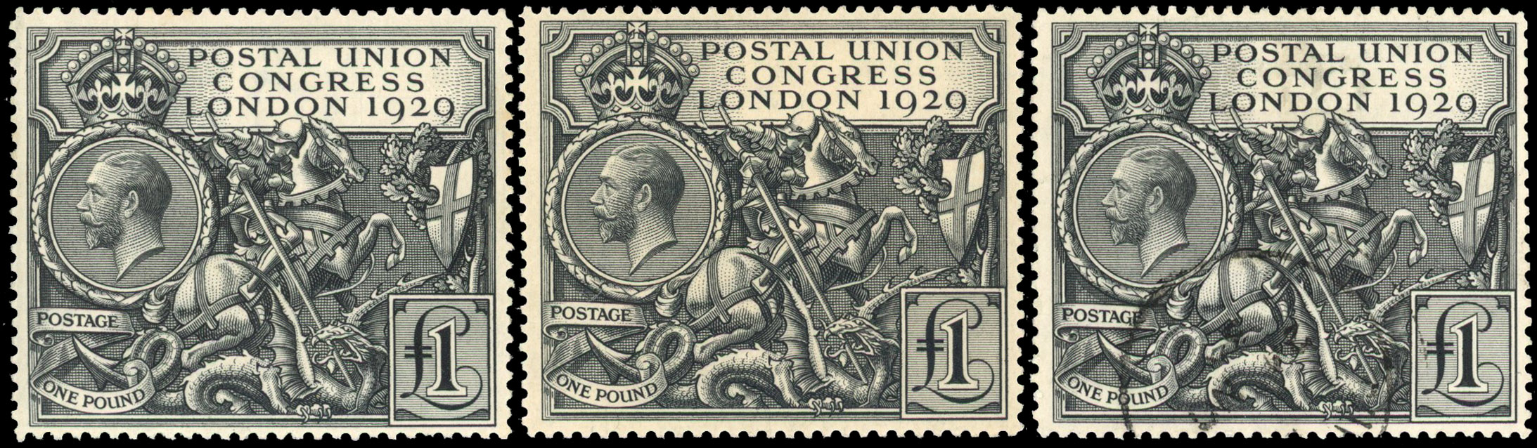 1929 PUC £1 Black, two with large part o.g. and toned, one used