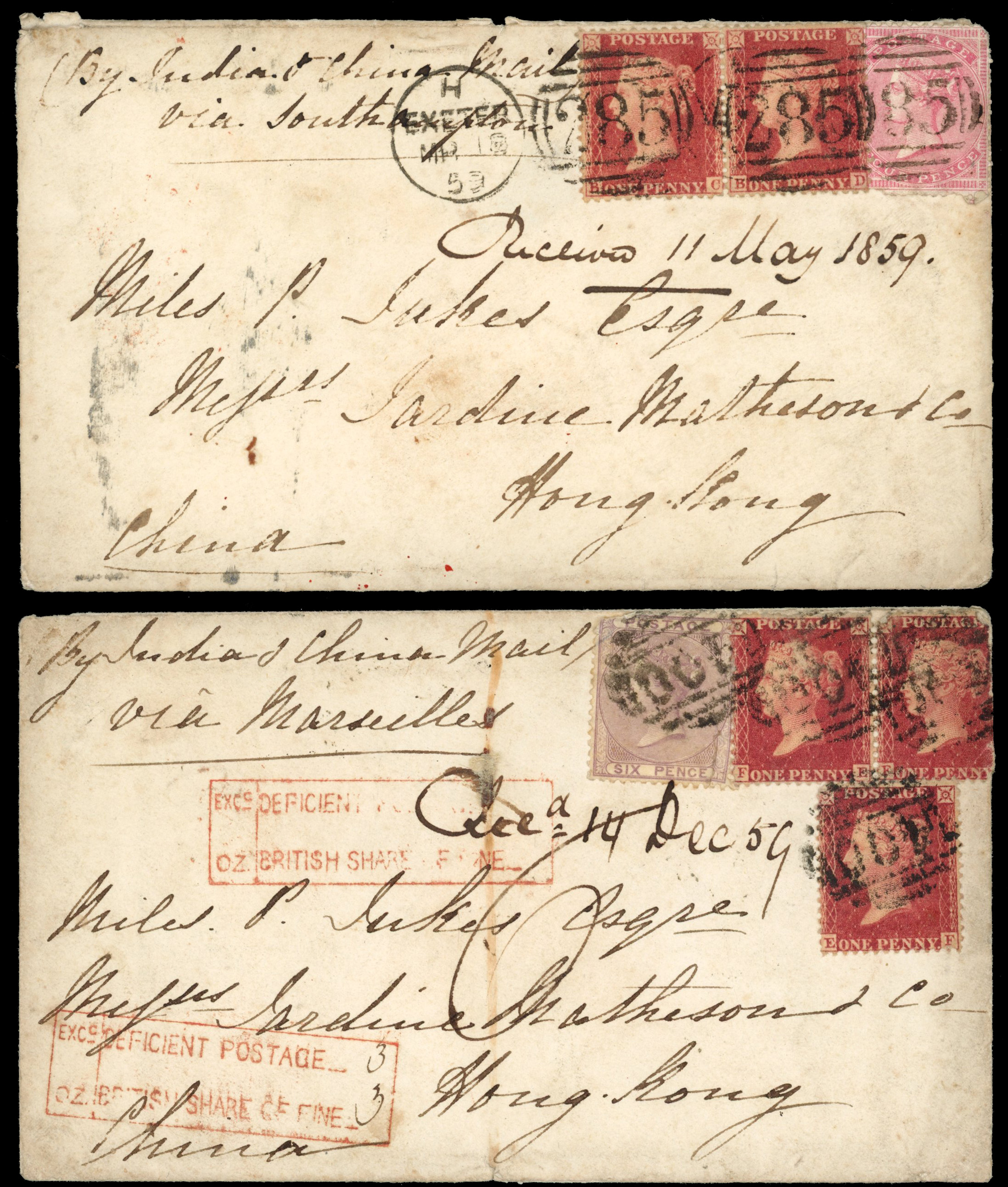 Hong Kong two 1859 covers from UK, one Deficient