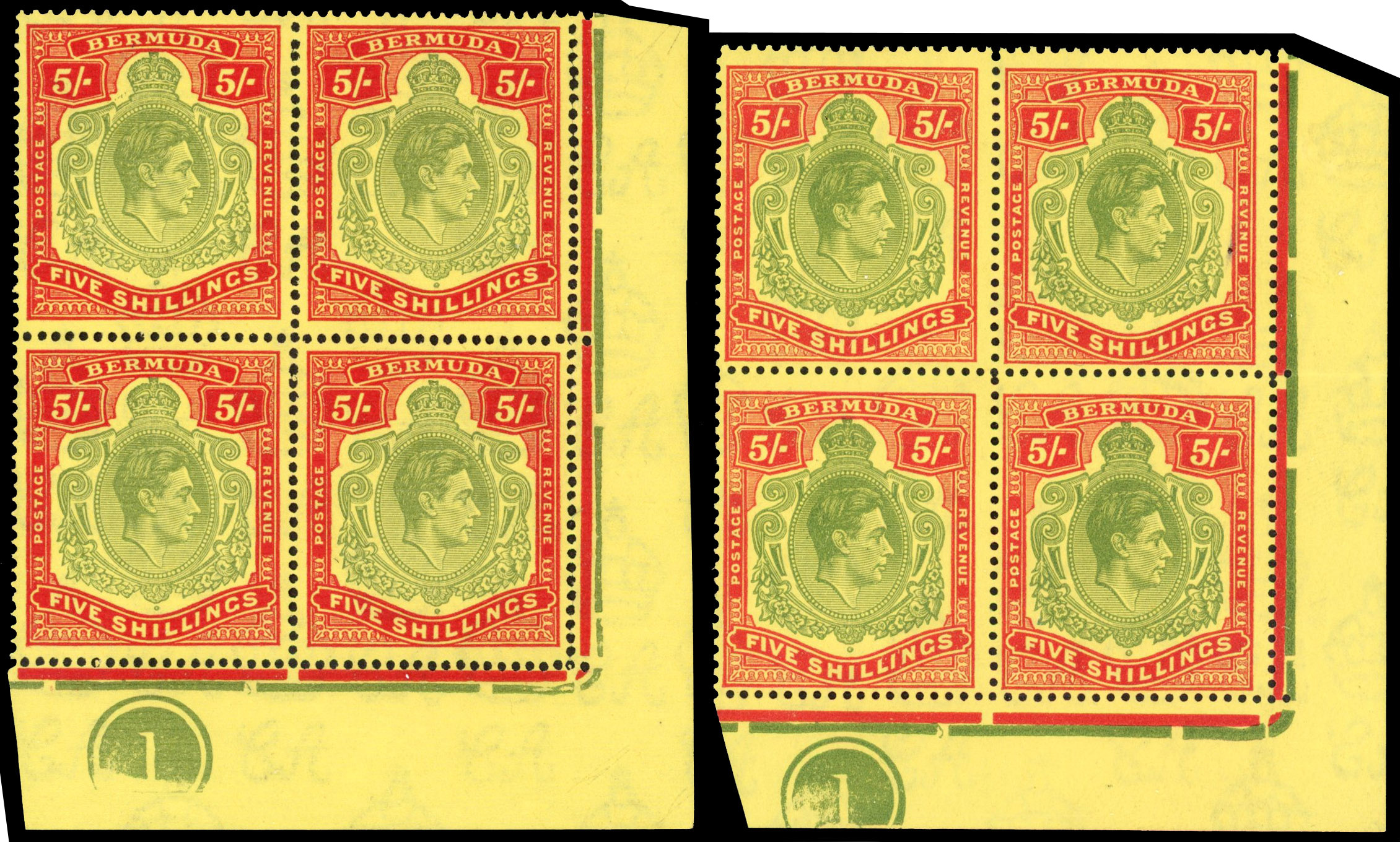 Bermuda SG 118e, f Plate blocks mint
