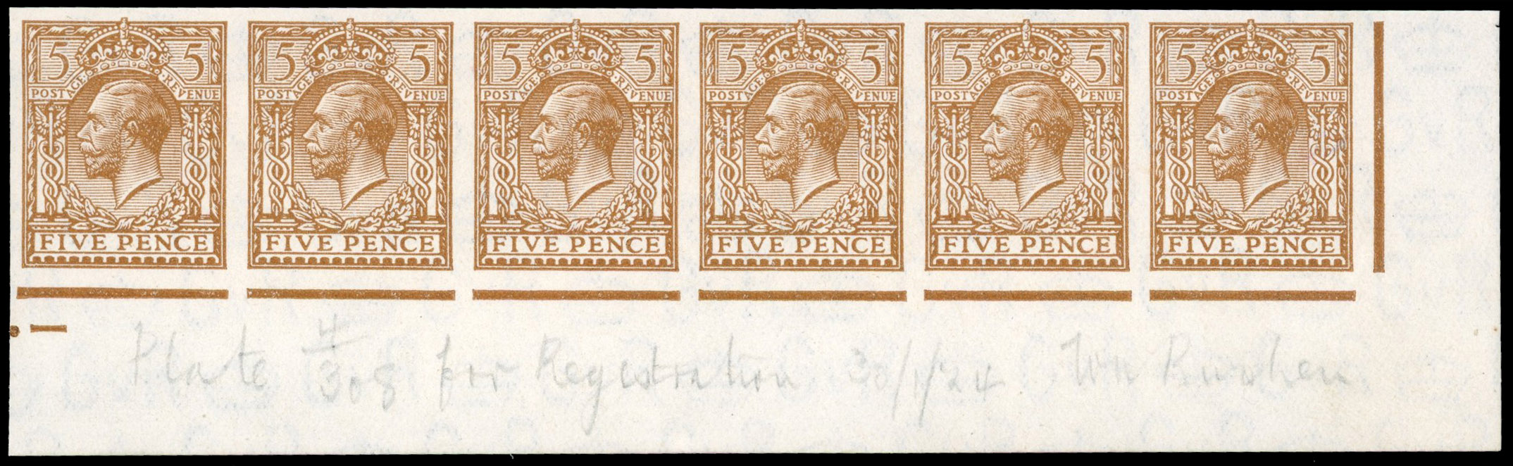 Great Britain 1924 5d Brown, Strip of Six, BPMA Imprimatur, SG 425