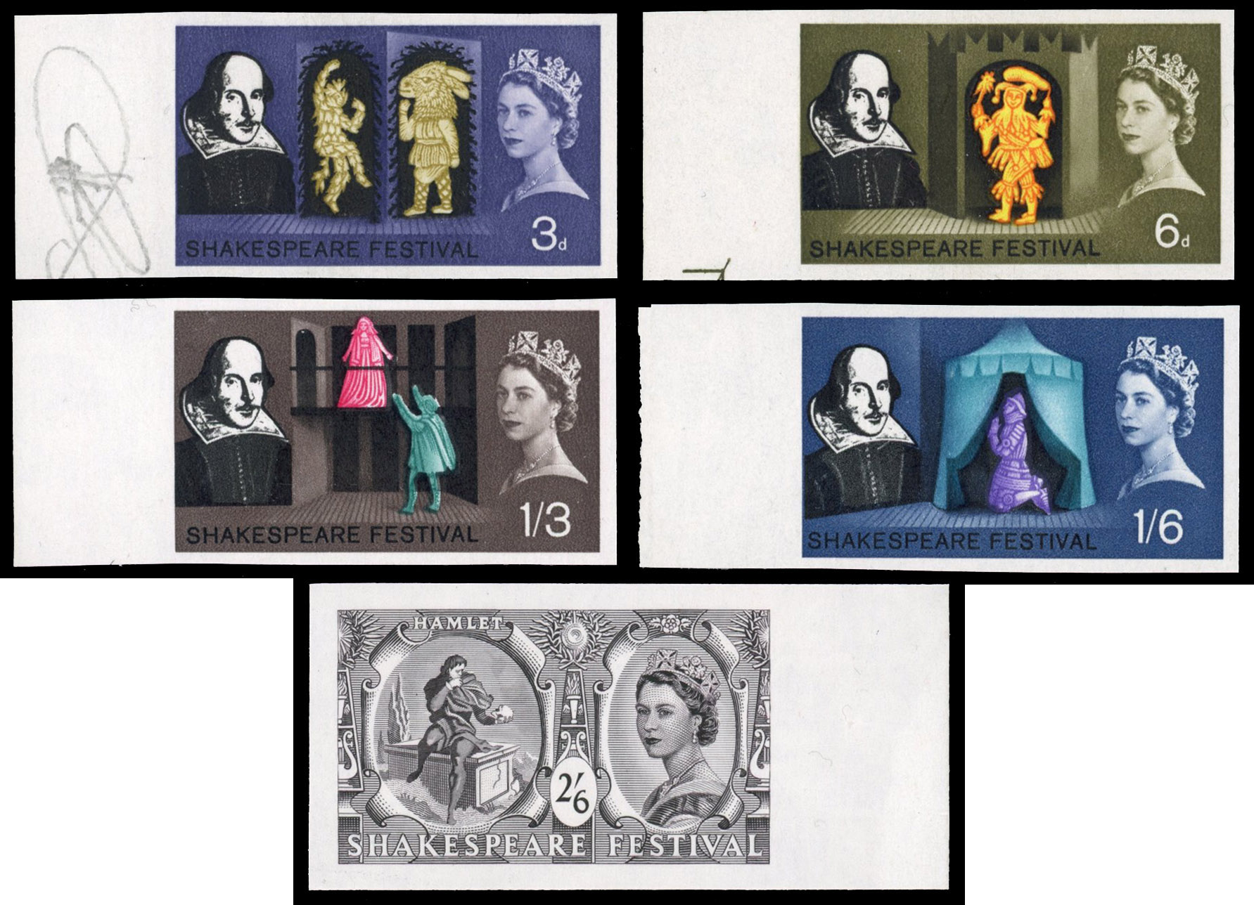 Great Britain 1964 3d-2s6d Shakespeare Festival, Set of Five, BPMA Imprimatur, SG 646/50