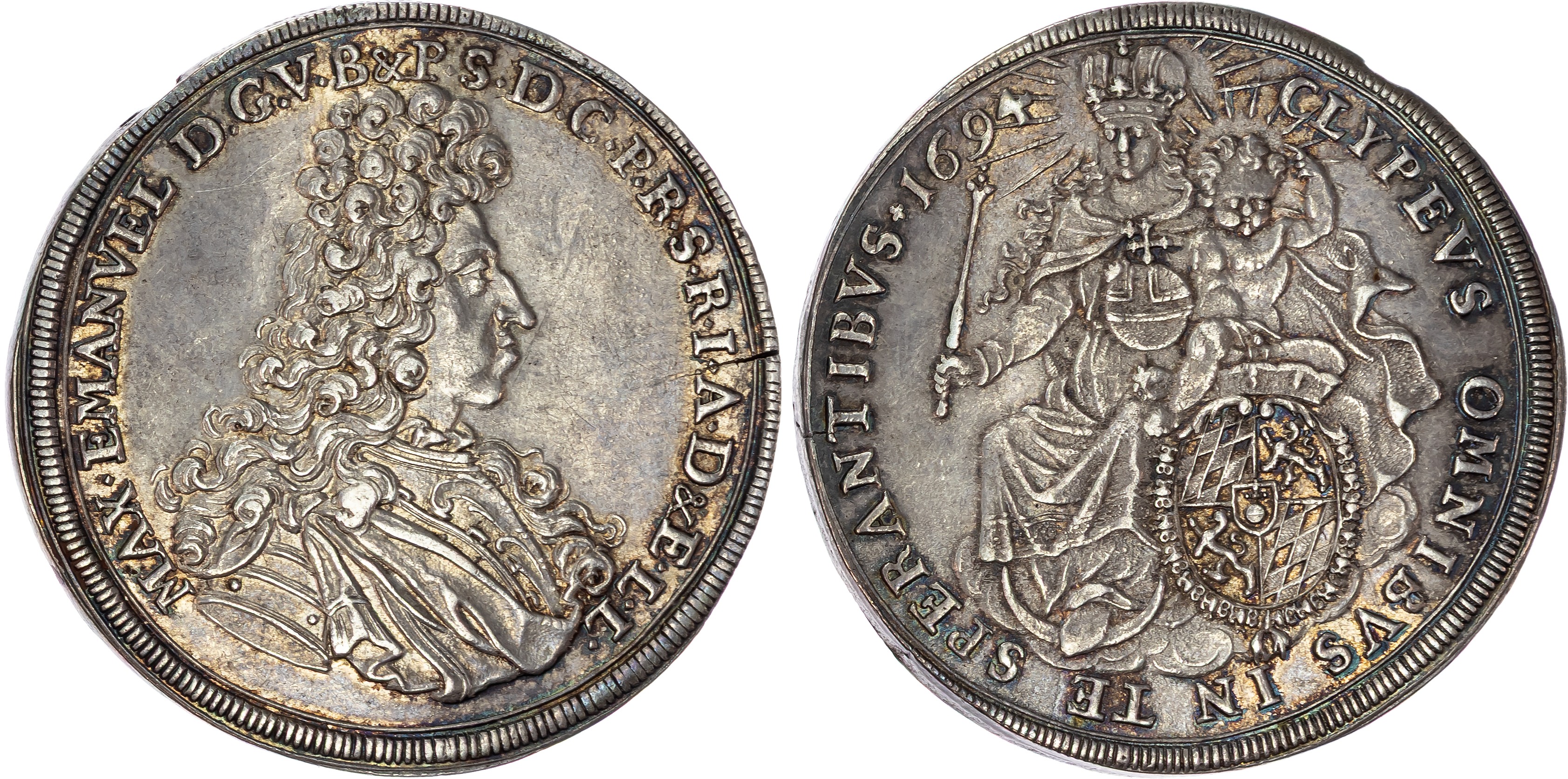 Germany, Bavaria, Maximilian II Emanuel (1679-1726), silver Taler, 1694, Munich, 29.31g (Dav. 6100; Hahn 199).…