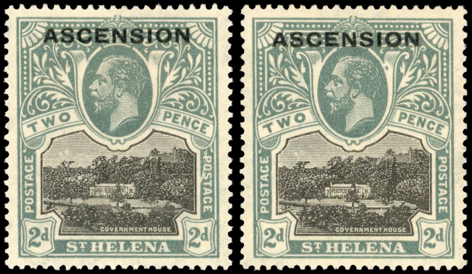 Ascension SG 4a, b 1922 2d line through 'P' and blot on scroll mint