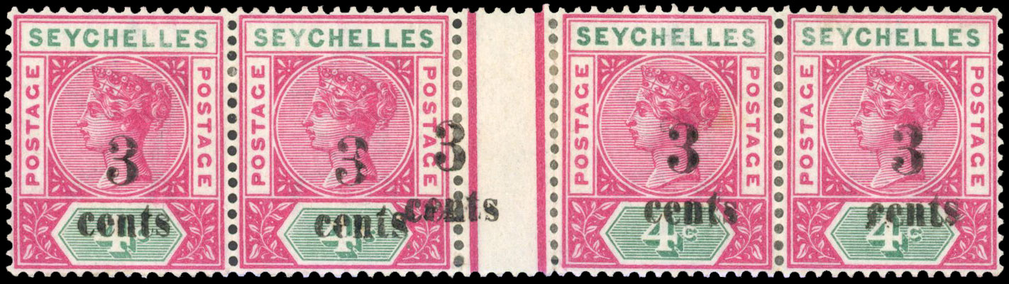 Seychelles SG 15b surcharged double interpanneau strip of four  