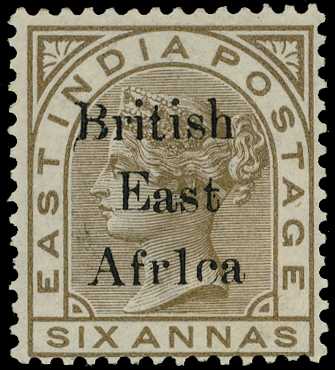 1895-96 stamps of India overprinted on 6a pale brown variety 'Af1ca' for 'Africa' (Row 1/7); part og. Good appearance. SG...