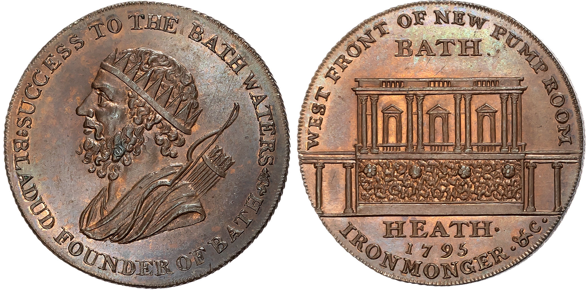 Som. Bath , Francis Heath Halfpenny 1795, Bust left of Bladud, rev. West Front view of the new Pump Room, edge diagonall …