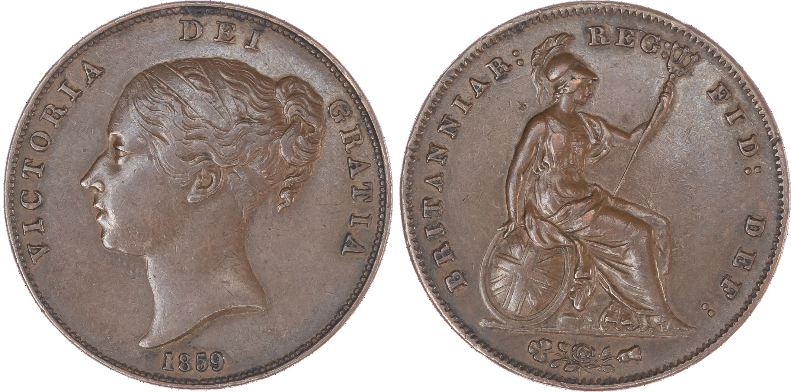 Victoria (1837-1901), Penny, 1859, ornamental trident, young head left date below, legend surrounds VICTORIA DEI GRATIA, no