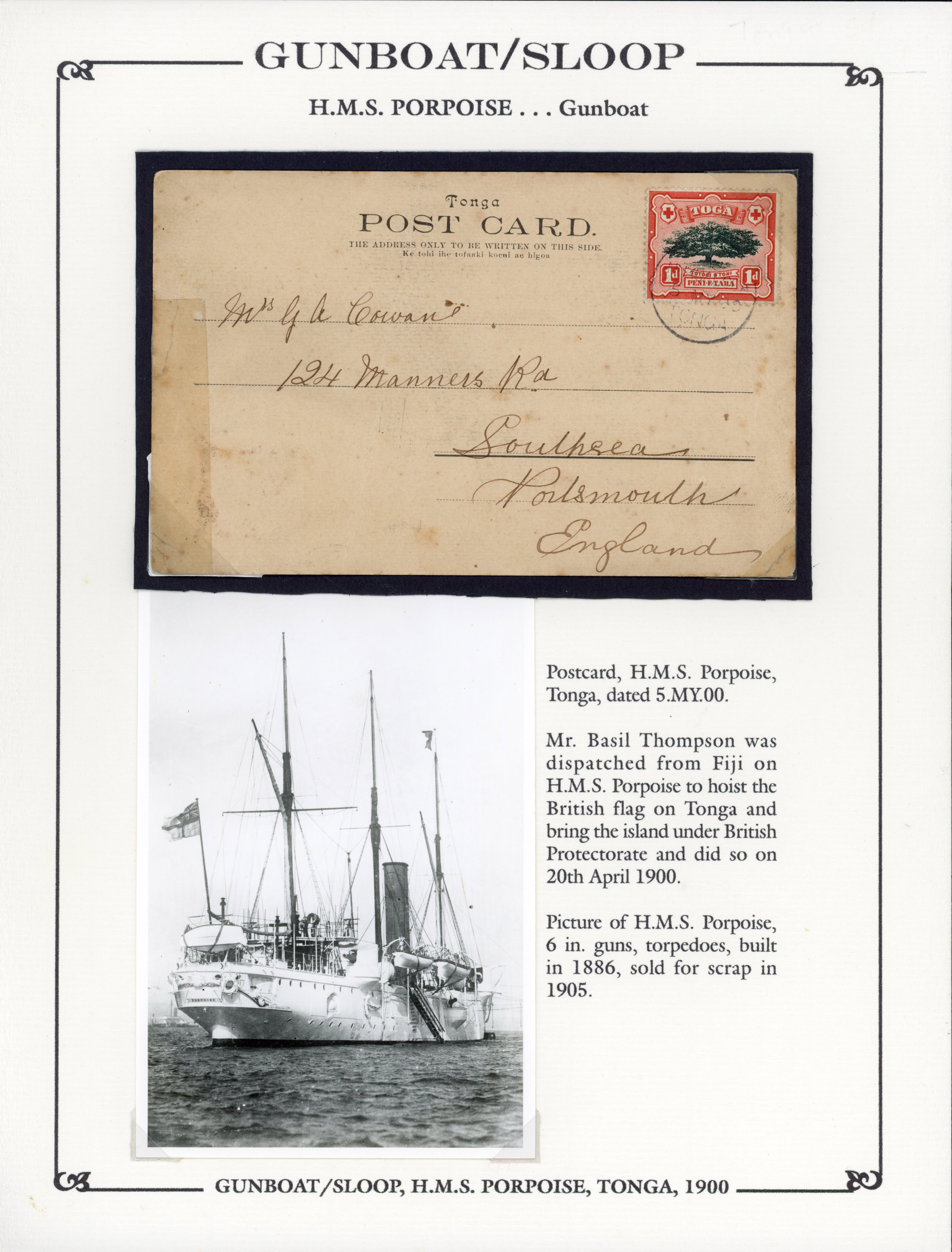 Tonga 1900 postcard from HMS Porpoise to Portsmouth