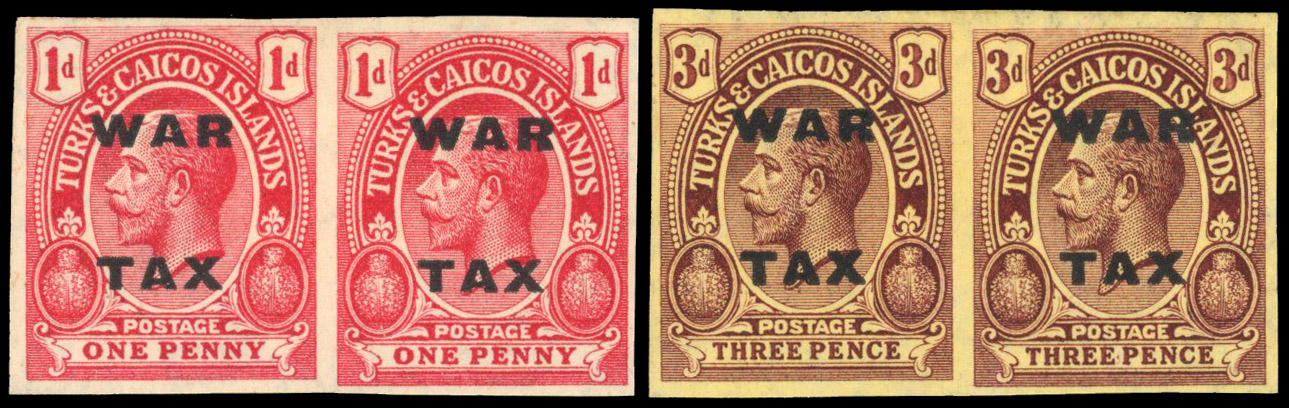 Turks and Caicos 1918 War Tax 1d, 3d imperf plate proof pairs