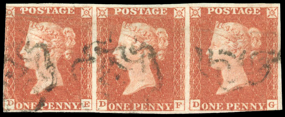 1841 1d red-brown Plate 34 (DE-DG). Fine used strip of three, Kilmarnock MC's