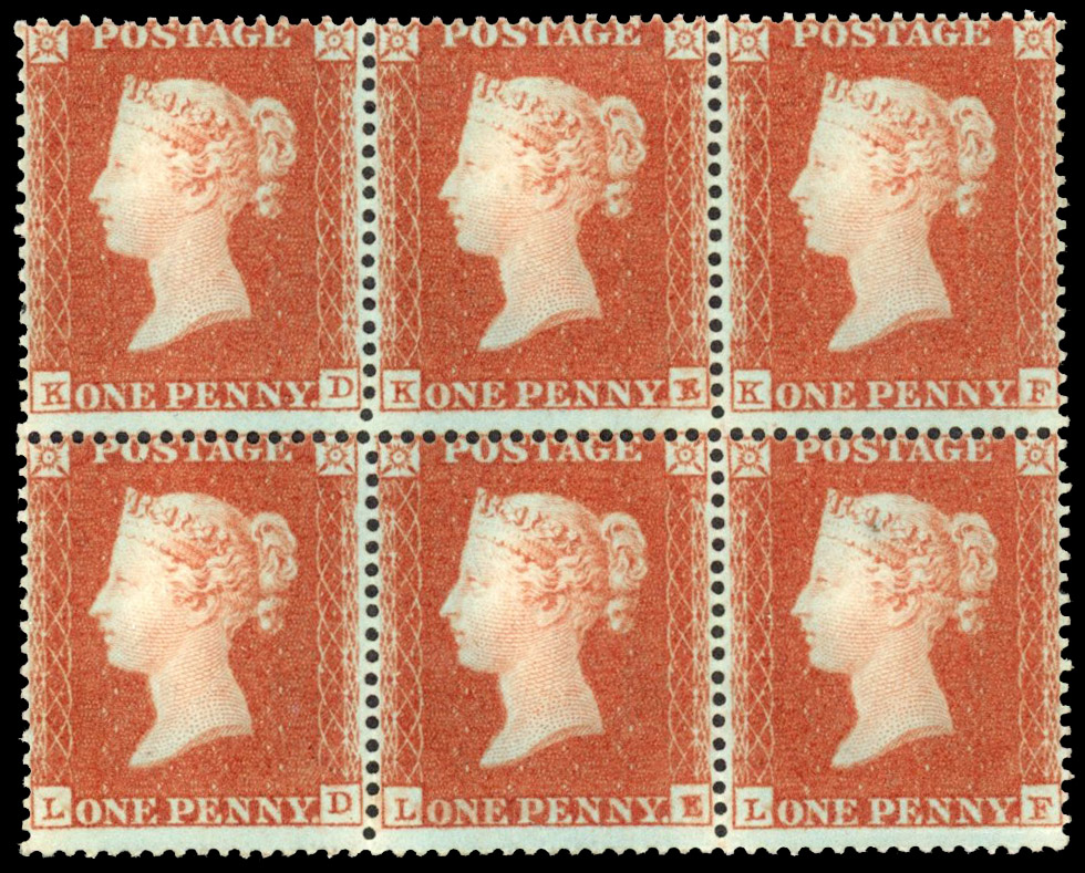 SG 16b 1850 1d red-brown Plate 98 Archer perf block of 6 mint