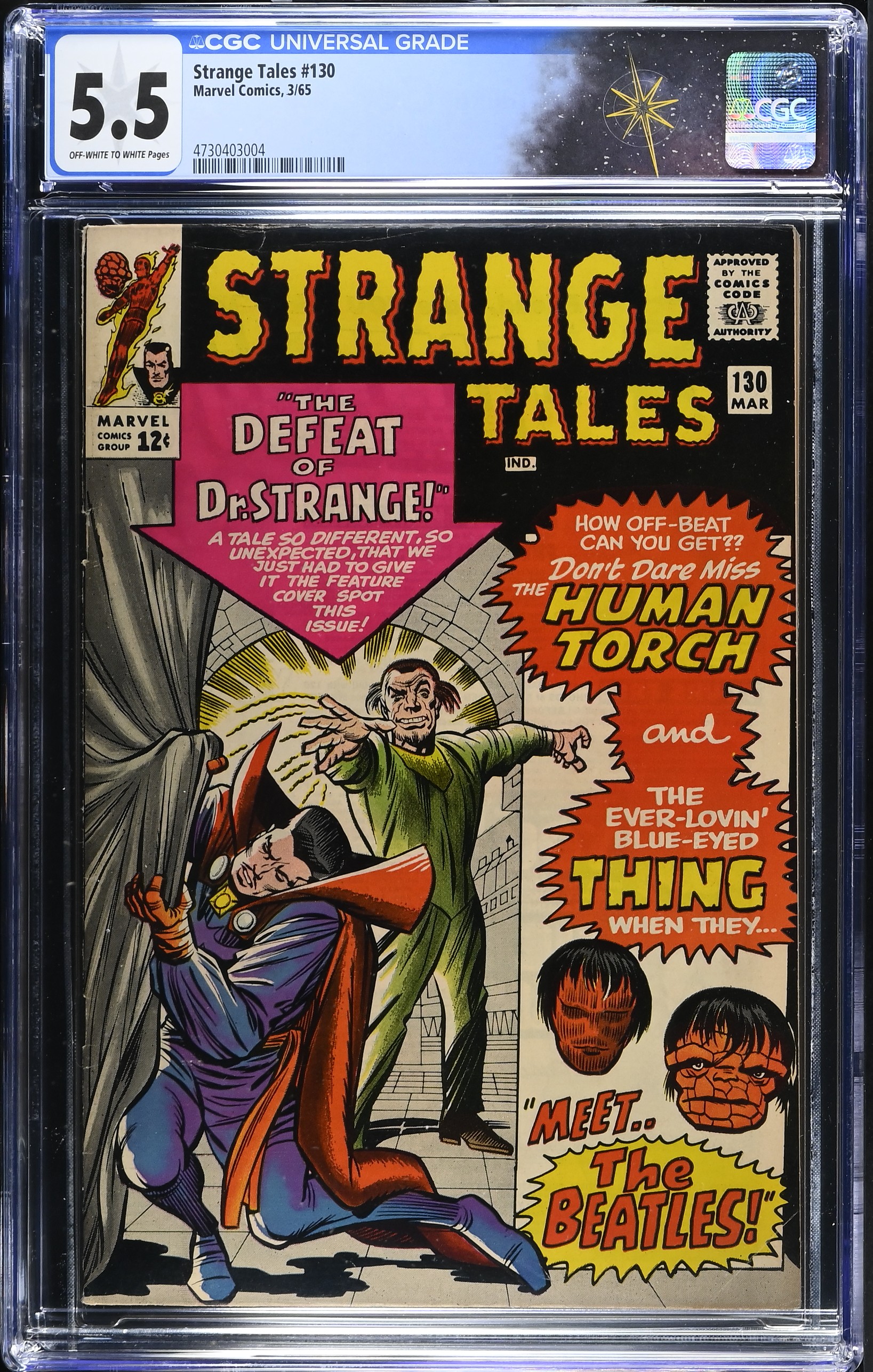 Strange Tales #130 CGC 5.5 1st Appearance of Kaecilius & The Beatles Cameo (Marvel Comics, 1965) Off-White to White Pages