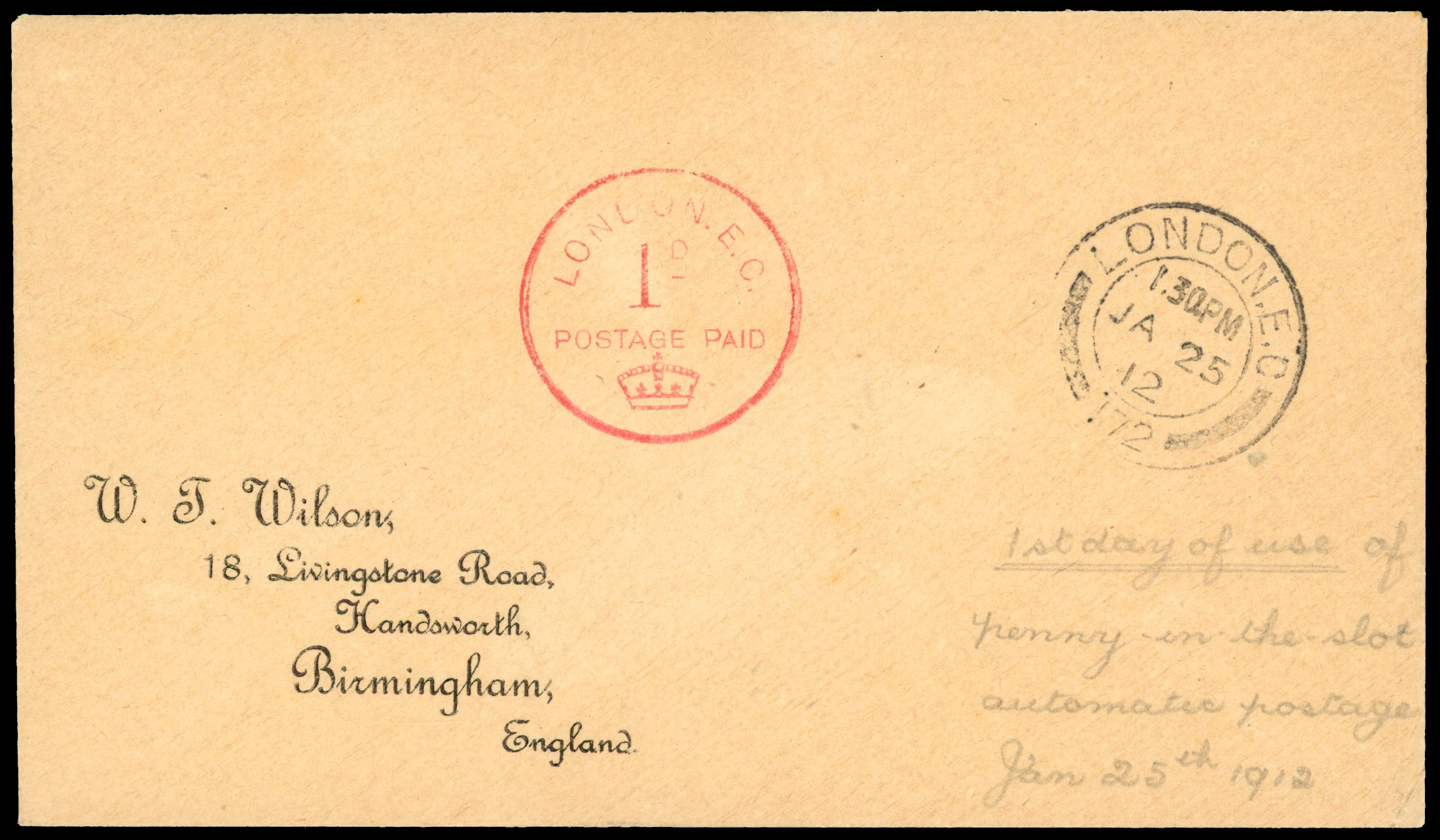 1912 Wilkinson experimental meter mail. Envelope from London to Birmingham First Day of Use