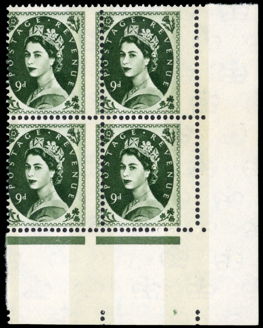 GB: 1966 Crowns 9d bronze-green, two 9.5mm bands reacting violet, mint corner block of four with 3mm perf shift to right