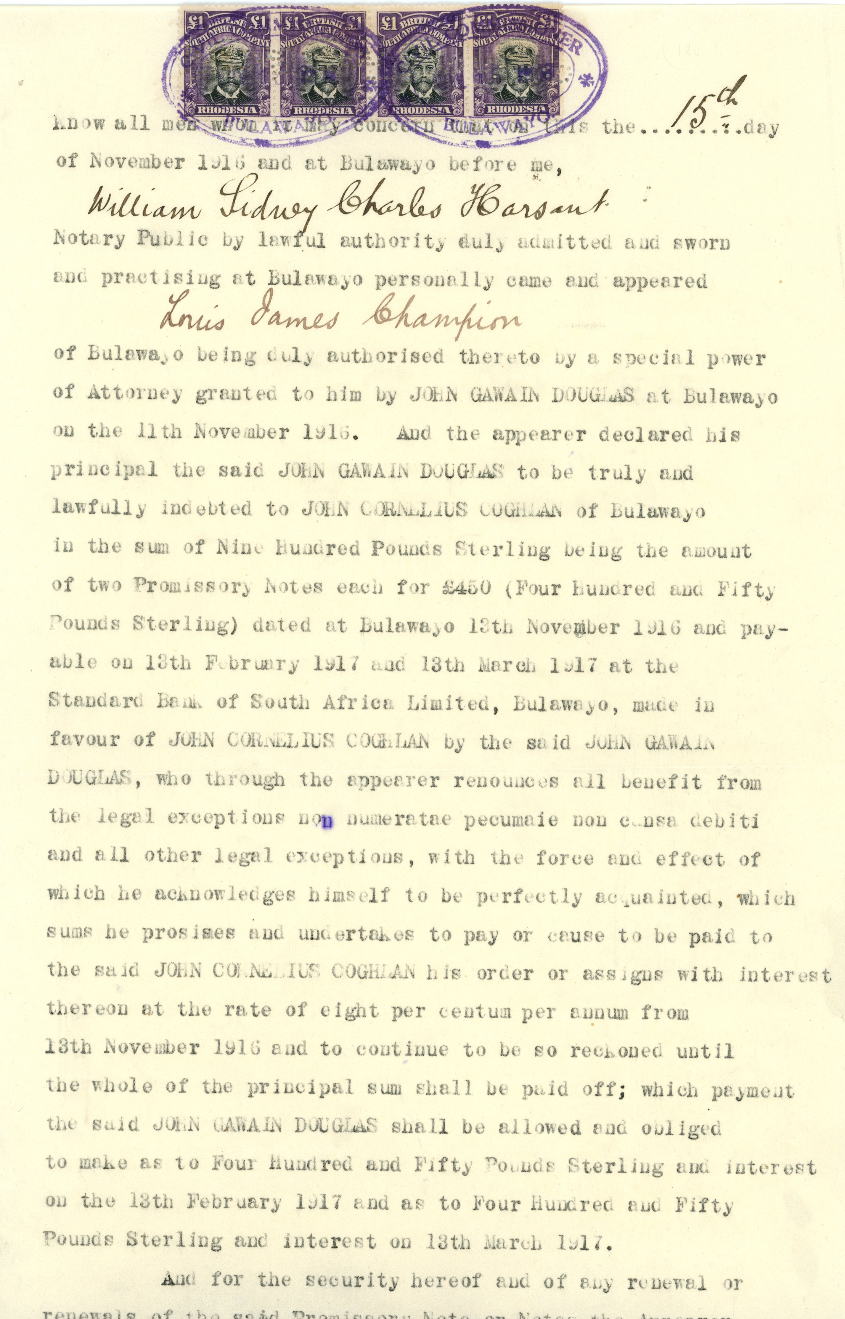 Revenue. 1916 notarial document (neatly...